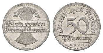 Германия 50 пфеннигов 1920 A KM 27, J. 301 алюминий 4638-955