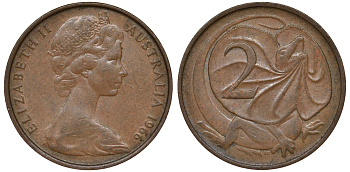 Австралия 2 цента 1966 Елизавета II (1952-), плащеносная ящерица KM 63 бронза 62-1132