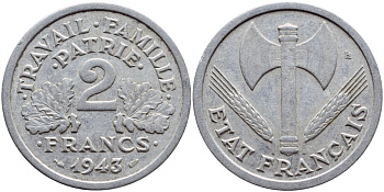 Франция 2 франка 1943 правительство Виши KM 904.1 алюминий 4397-727