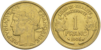 ФРАНЦИЯ 1 ФРАНК 1938 ТИП MORLON KM 885, LE FRANC 219.9 алюминиевая бронза 3853-146