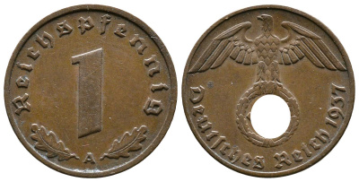 Германия 1 рейхспфенниг 1937 A KM 89, J. 361 бронза 220-169