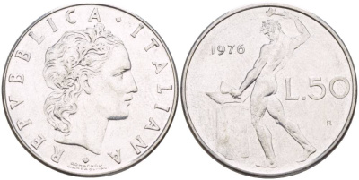 Италия 50 лир 1976 R, бог Вулкан у наковальни KM 95.1 нержавеющая сталь 4525-331
