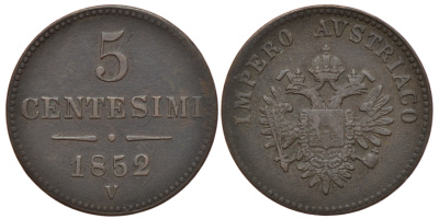 ВЕНЕЦИЯ, ЛОМБАРДИЯ 5 ЧЕНТЕЗИМО 1852 М KM 31.1 медь 560-1626