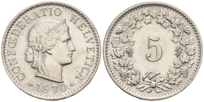 Швейцария 5 раппенов 1970 KM 26 медно-никель 4608-461