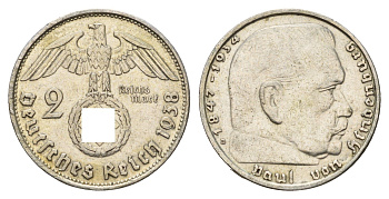 Германия 2 рейхсмарки 1938 B, Пауль фон Гинденбург (1847-1934) KM 93, J. 366 серебро 76-1151