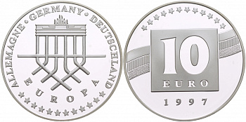 ФРГ 10 евро 1997 Бранденбургские ворота серебро PROOF 1068-3-51