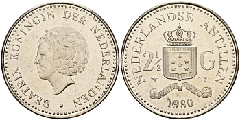 Нидерландские Антилы 2 1/2 гульдена 1980 Беатрикс (1980-2013) KM 19 никель UNC 4140-225