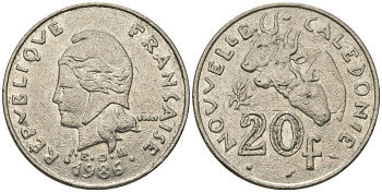 Французская Новая Каледония 20 франков 1986 три быка, (IEOM) KM 12, Schoen 14, Lec 112 никель 72-134