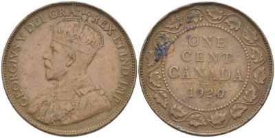 Канада 1 цент 1920 Георг V (1910-1936), большой формат KM 21 бронза 87-1117