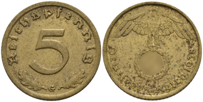 Германия 5 рейхспфеннигов 1938 G KM 91, J. 363 алюминиевая бронза 4151-867