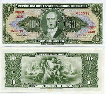БРАЗИЛИЯ 1 СЕНТАВО 1967 НАДПЕЧАТКА НА 10 КРУЗЕЙРО, СЕРИЯ 3479, ESTAMPA 2A, ЖЕТУЛИУ ВАРГАС Pick 183b бумага UNC (ПРЕСС) 7204-9-1