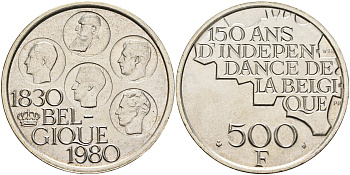 Бельгия 500 франков 1980 150 лет независимости, Belgique, Бодуэн I (1951-1993) KM 161 медно-никель покрытый серебром  UNC  4368-234