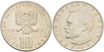 ПОЛЬША 10 ЗЛОТЫХ 1976 MW, БОЛЕСЛАВ ПРУС KM 73 медно-никель 213-817