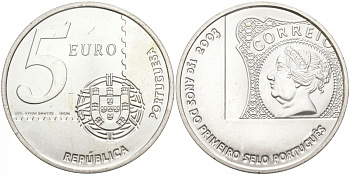 Португалия 5 евро 2003 150 летие первой Португальской марке KM 749 серебро UNC 69-321