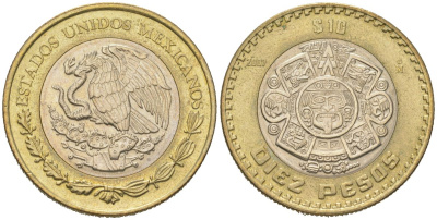 Мексика 10 песо 2007 Mo KM 616 биметалл aUNC 186-847