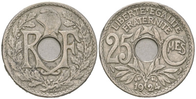 Франция 25 сантимов 1924 KM 867a, Le Franc 171.7 медно-никель 4616-511