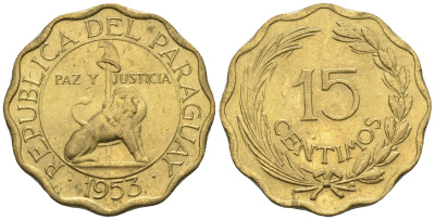 Парагвай 15 сентимо 1953 лев, фригийский колпак на шесте KM 26 алюминиевая бронза  aUNC  4177-555