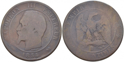 Франция 10 сантимов 1854 B, Наполеон III (1852-1870) KM 771.2 бронза 3460-941