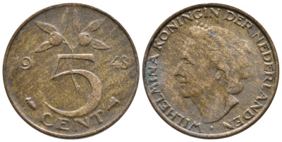 НИДЕРЛАНДЫ 5 ЦЕНТОВ 1948 ГОД ТИП, ВИЛЬГЕЛЬМИНА KM 176 бронза 177-526