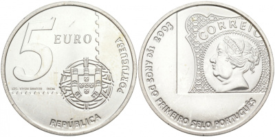 Португалия 5 евро 2003 150 летие первой Португальской марке KM 749 серебро UNC 69-321