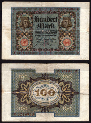 Германия 100 марок 1925 Веймар,7 цифр в номере, F, «Бамбергский всадник» из оперы «Купол Бамберга». Pick 69 a бумага 6289-20-1-2