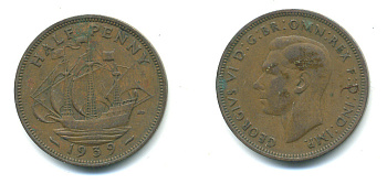 Великобритания 1/2 пенни 1939 Георг VI (1936-1952) KM 844, Spink 4115 бронза 4383-323