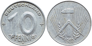 ГДР 10 пфеннигов 1952 E КМ 7 алюминий 261-334