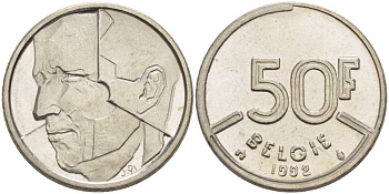 БЕЛЬГИЯ 50 ФРАНКОВ 1992 BELGIE, БОДУЭН I (1951-1993) KM 169 никель 4388-643