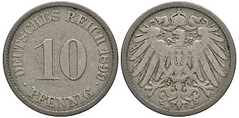 Германия 10 пфеннигов 1899 J KM 12, Jager 13, Weege 8 медно-никель 219-325