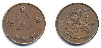 Финляндия 10 пенни 1938 KM 24 медь 51-5656