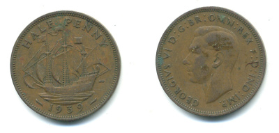 Великобритания 1/2 пенни 1939 Георг VI (1936-1952) KM 844, Spink 4115 бронза 4383-323