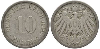 Германия 10 пфеннигов 1899 J KM 12, Jager 13, Weege 8 медно-никель 219-325