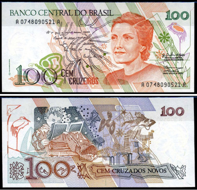 Бразилия 100 крузадо 1989 Центральный банк Бразилии, Сесилия Мейрелеш Pick 220 a бумага UNC (пресс) 8602-34-2-2