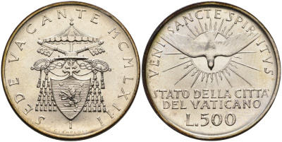 Ватикан 500 лир 1963 вакантный престол (Sede Wacante), оригинальном картонном буклете KM 75 серебро UNC 3-4-8-10