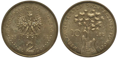 Польша 2 злотых 2012 MW, 20 лет благотворительному Рождественскому оркестру KM 809 нордик 111-613