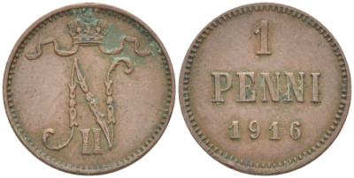 РОССИЯ ДЛЯ ФИНЛЯНДИИ 1 ПЕННИ 1916 НИКОЛАЙ II (1895-1917) KM 13, Биткин 476 медь 211-1033