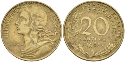 Франция 20 сантимов 1968 тип Marianne KM 930, Le Franc 156.8 медь алюминий никель 4592-1042