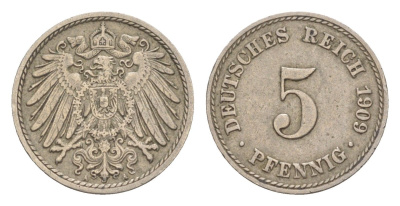 Германия 5 пфеннигов 1909 A, Вильгельм II (1888-1918) KM 11, J. 12 медно-никель 4647-864