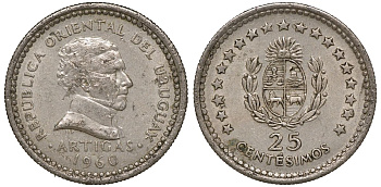 Уругвай 25 сентесимо 1960 KM 40 медно-никель 4169-1028