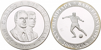 Испания 2000 песет 1990 XXV летние Олимпийские игры 1992 года в Барселоне, футбол KM 862 серебро PROOF 1088-4-11
