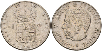 Швеция 1 крона 1969 U, Густав VI Адольф (1950-1973) KM 826a медь плакированный медно-никелем 4150-251