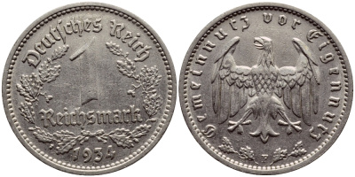 ГЕРМАНИЯ 1 РЕЙХСМАРКА 1934 F КМ 78 J.354 никель 56-1116