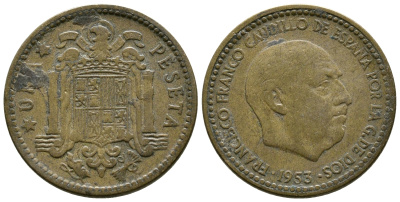 ИСПАНИЯ 1 ПЕСЕТА 1953 (58) ФРАНСИСКО ФРАНКО ДИКТАТОР ИСПАНИИ (1939-1975) KM 775 алюминиевая бронза 4364-2031