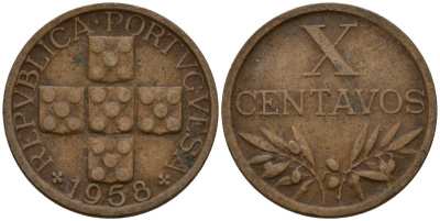 Португалия 10 сентаво 1958 KM 583 бронза 4154-1021