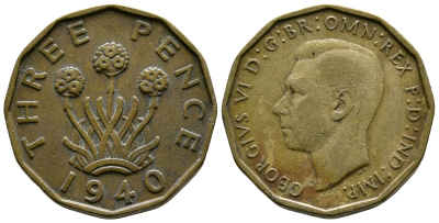 Великобритания 3 пенса 1940 Георг VI (1936-1952) KM 849, Spink 4112 никель латунь 51-922