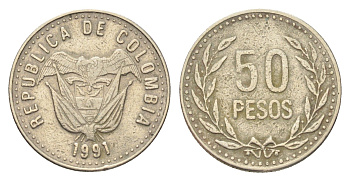 Колумбия 50 песо 1991 KM 283 медь цинк никель 4705-545