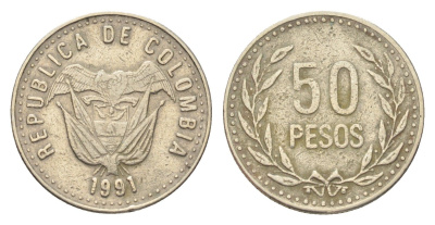 Колумбия 50 песо 1991 KM 283 медь цинк никель 4705-545