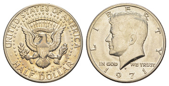 США 1/2 доллара (50 центов) 1971 D, Джон Кеннеди KM 202b медь плакированная медно-никелем aUNC 109-746