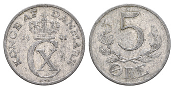 Дания 5 эре 1941 N, Кристиан X (1912-1947) KM 834 алюминий 4638-641