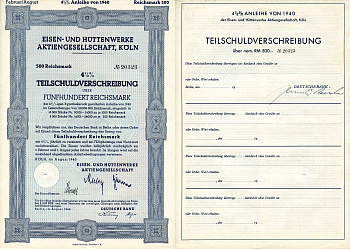 Германия 500 рейхсмарок 1940 АО металлургических и металлургических заводов, Кельн, 4-1/2% частичное обязательство, облигация   бумага  8801-91-1